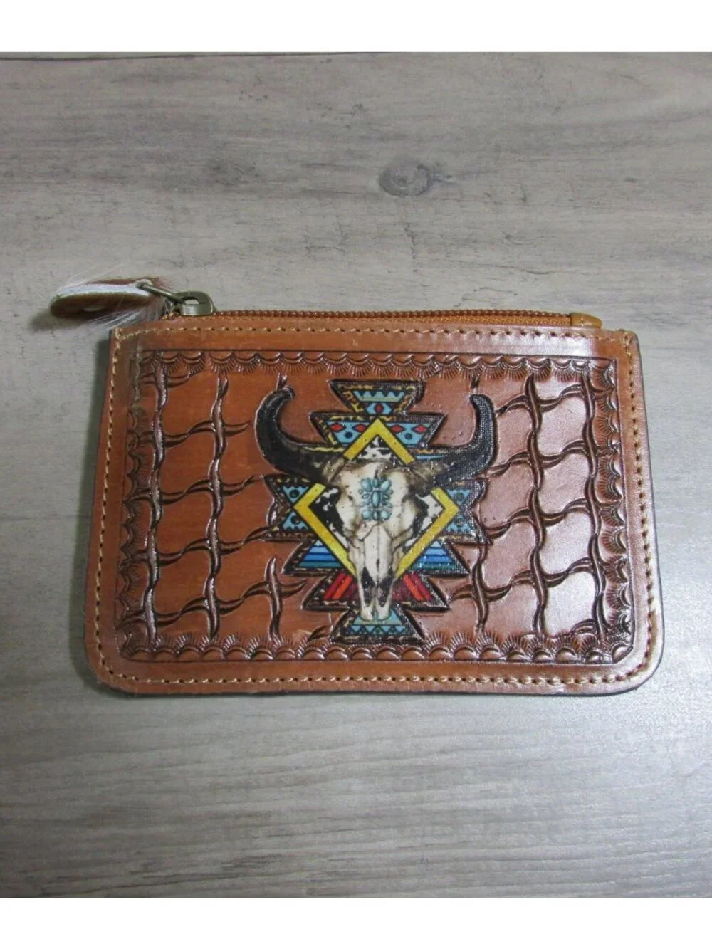 Steer Skull Aztec Leather & Cowhide Coin Pouch Purse Wallet